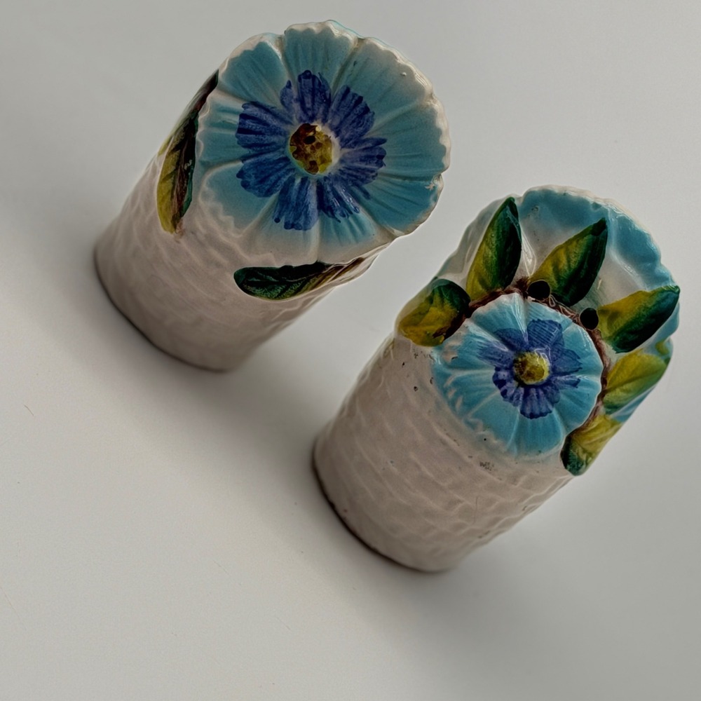 Vintage Blue Floral Basketweave Salt and Pepper Shakers Set Made in Japan